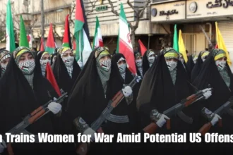 Iranian women receiving assault rifle and weapons training at an open-air center in Tehran.