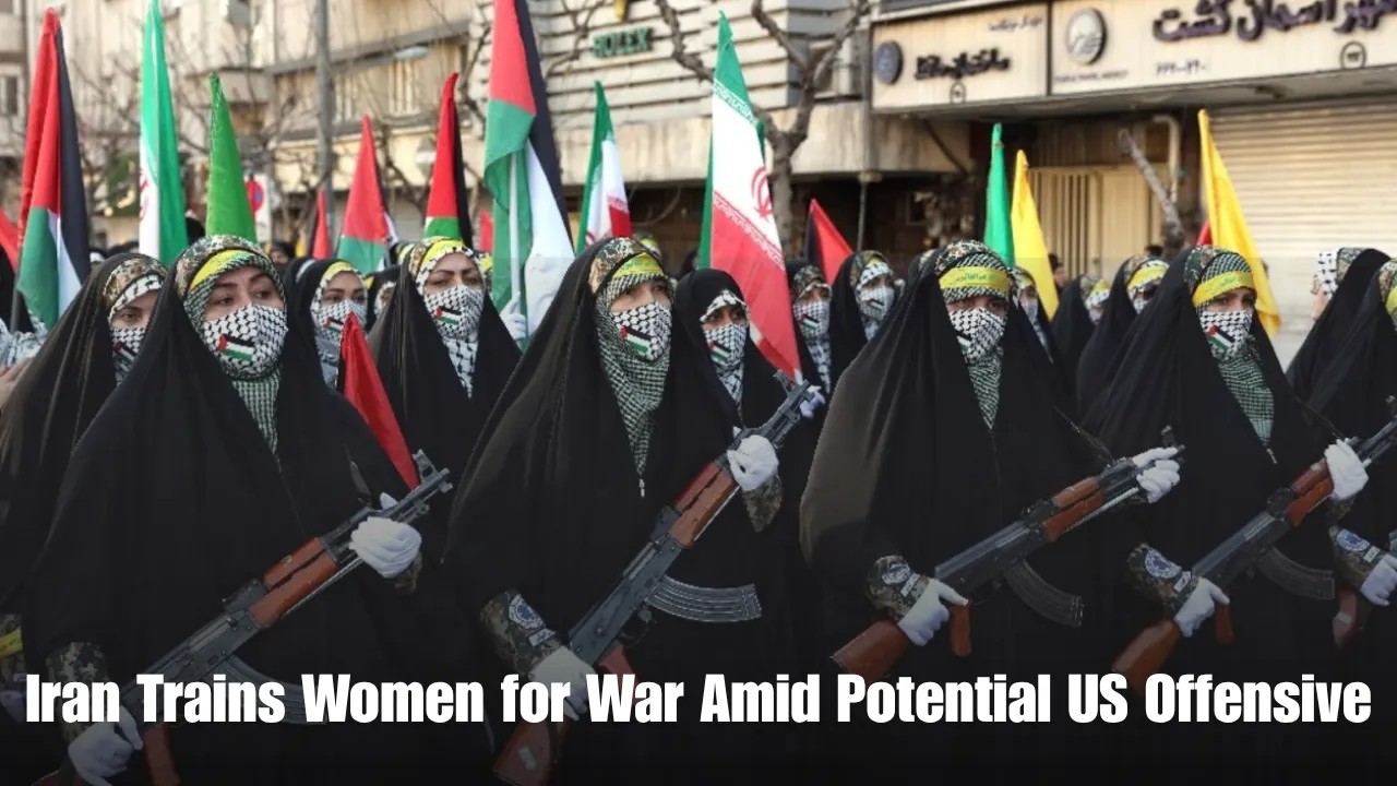 Iranian women receiving assault rifle and weapons training at an open-air center in Tehran.