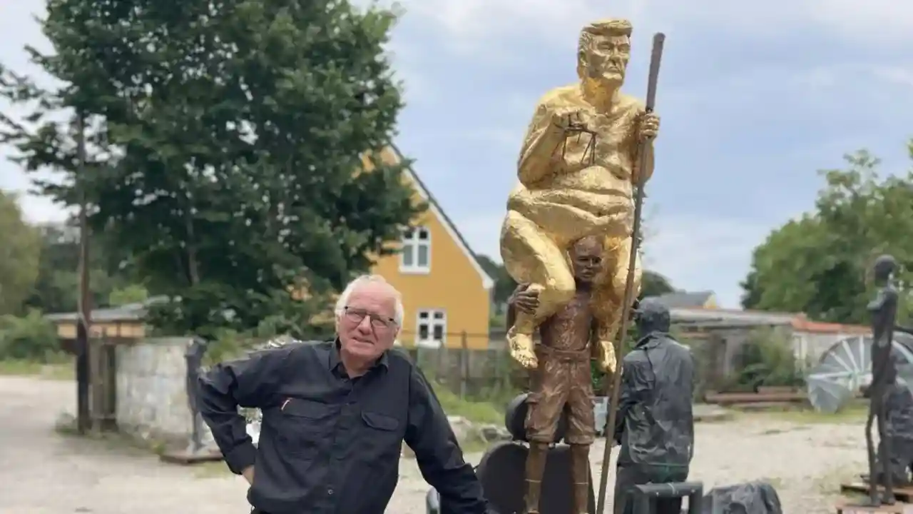 An 8.5-foot-tall golden, naked statue of Donald Trump titled 'The Orange Plague' displayed inside the European Parliament in Strasbourg